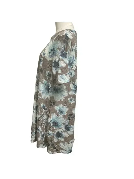 BY TOGETHER Floral Tunic Top Dress M Blue Taupe Keyhole Short Sleeve Boho Shift - Picture 3 of 6